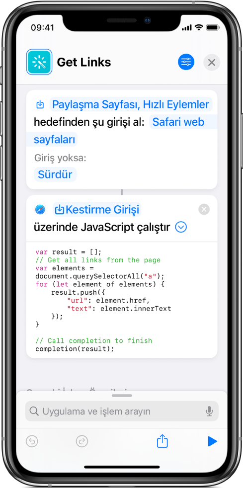 Kestirme düzenleyicide Web Sayfasında JavaScript Çalıştır işlemi.