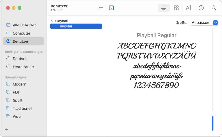 Das Fenster „Schriftsammlung“ mit einer Liste benutzerinstallierter Schriften.