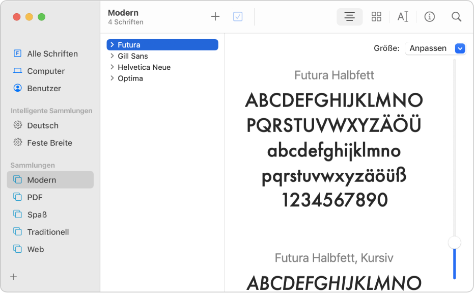 Das Fenster „Schriftsammlung“ mit den Schriften, die zur Schriftsammlung „Modern“ gehören.