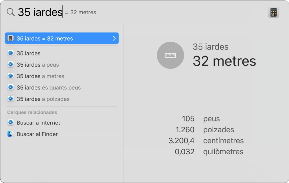 La finestra de l’Spotlight amb una conversió de iardes a metres al camp de cerca. A l’esquerra hi ha una llista de resultats de cerca. A la previsualització de la dreta es mostren conversions addicionals.