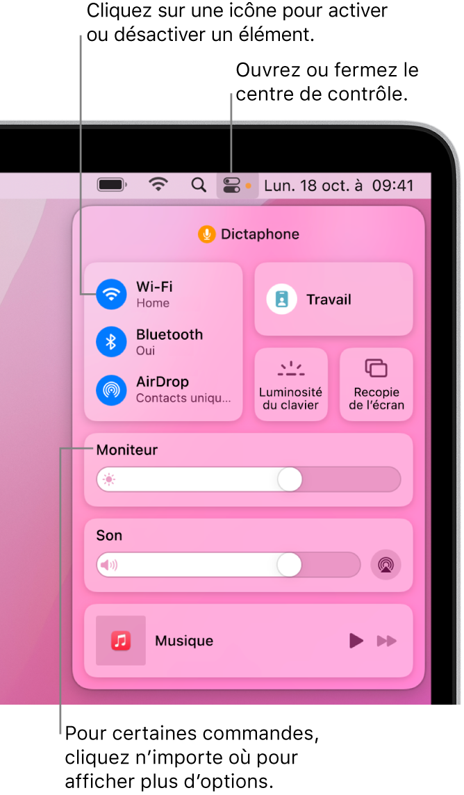 Le centre de contrôle dans la portion supérieure droite de l’écran, affichant les commandes pour Wi-Fi, Concentration, Son et « À l’écoute », entre autres.