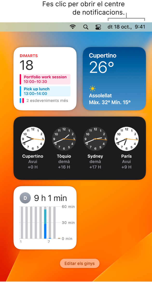 Al centre de notificacions es veuen les notificacions i els ginys de les apps Calendari, Temps, Rellotge i “Temps d’ús”.