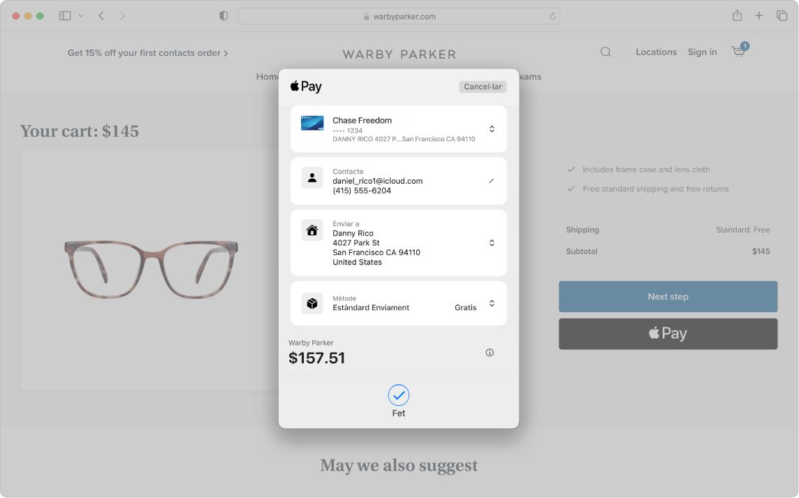 Una pantalla de Mac mostrant una compra en línia en curs feta amb l’Apple Pay al Safari.