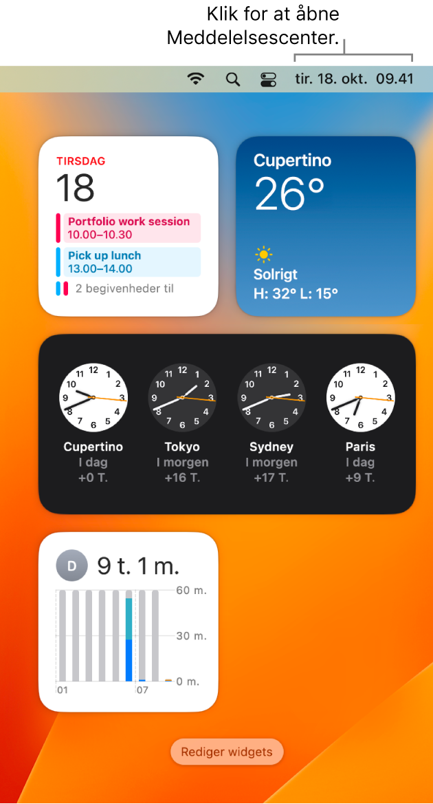 Notifikationscenter med notifikationer og widgets til Kalender, Vejr, Ur og Skærmtid.
