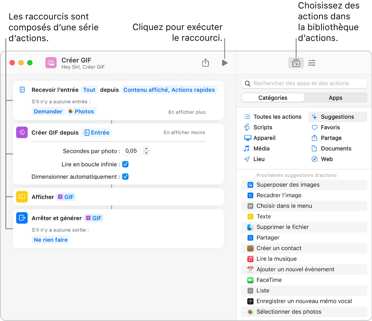 L’éditeur de raccourcis « Créer GIF » sur la gauche et la bibliothèque d’actions sur la droite.