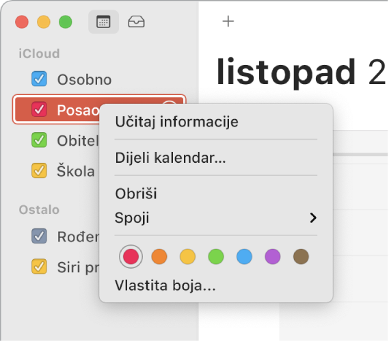 Izbornik s prečacima kalendara s opcijama za prilagodbu boje kalendara.