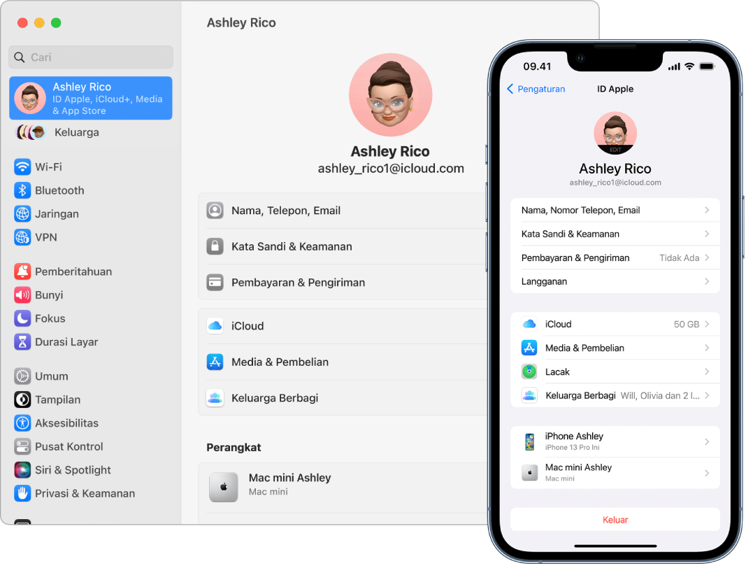 Pengaturan iCloud di iPhone dan Mac.