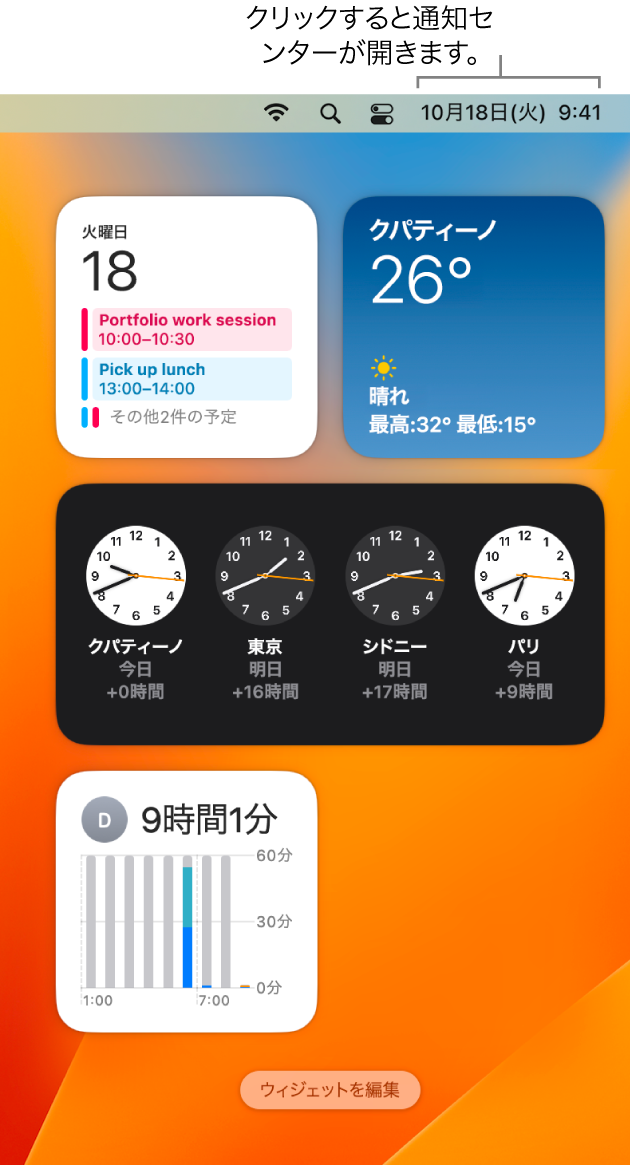 通知センター。カレンダー、天気、時計、スクリーンタイムの通知とウィジェットが表示されています。