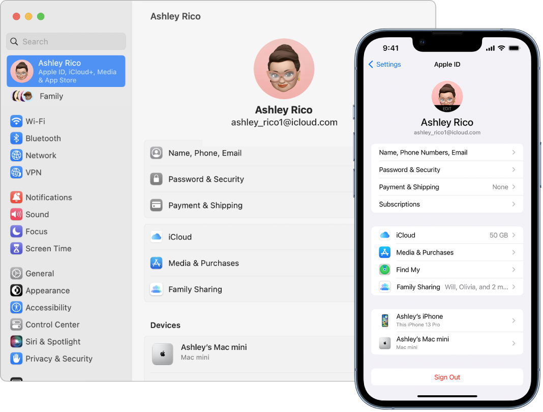 iPhone құрылғысы мен Mac компьютеріндегі iCloud параметрлері.