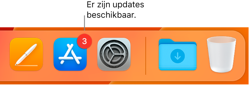 Een gedeelte van het Dock met daarin het App Store-symbool met een badge die aangeeft dat er updates beschikbaar zijn.