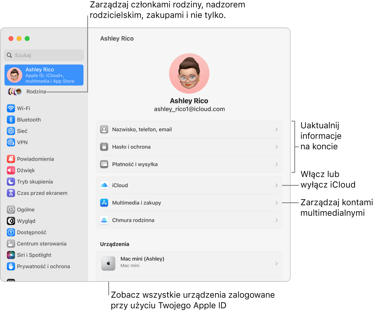 Ustawienia Apple ID w Ustawieniach systemowych z dymkami pomocy do informacji o uaktualnieniu konta, włączaniu lub wyłączaniu funkcji iCloud, zarządzaniu kontami multimedialnymi, oraz chmurą rodzinną, gdzie możesz zarządzać ustawieniami członków rodziny, nadzorem rodzicielskim, zakupami i nie tylko.