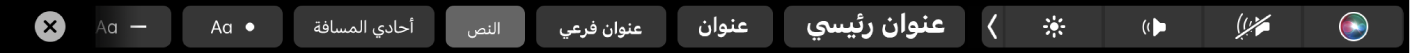الـ Touch Bar الخاص بتطبيق الملاحظات ويظهر عليه أزرار لأنماط الفقرة، بما في ذلك العنوان، والرأس، والنص الأساسي، وأزرار لخيارات القائمة أيضًا، بما في ذلك التعداد النقطي، والشرطي، والرقمي.