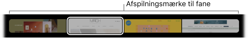 Afspilningsmærket til fane på Touch Bar til Safari. Afspilningsmærket viser et lille eksempel fra hver fane, som er åben.