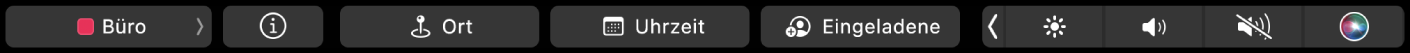 Die Kalender-Touch Bar mit Tasten zum Auswählen von Kalendern, zum Anzeigen von Ereignisdetails, zum Bearbeiten von Ort und Zeit sowie zum Hinzufügen von Teilnehmern