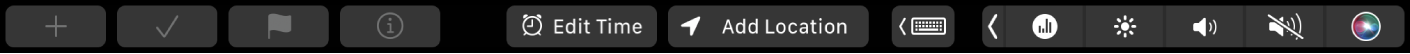 Rakenduse Reminders Touch Bar nuppudega uue meeldetuletuse lisamiseks, tehtuks märkimiseks, tähistamiseks, info lisamiseks, kellaaja muutmiseks ja asukoha lisamiseks.