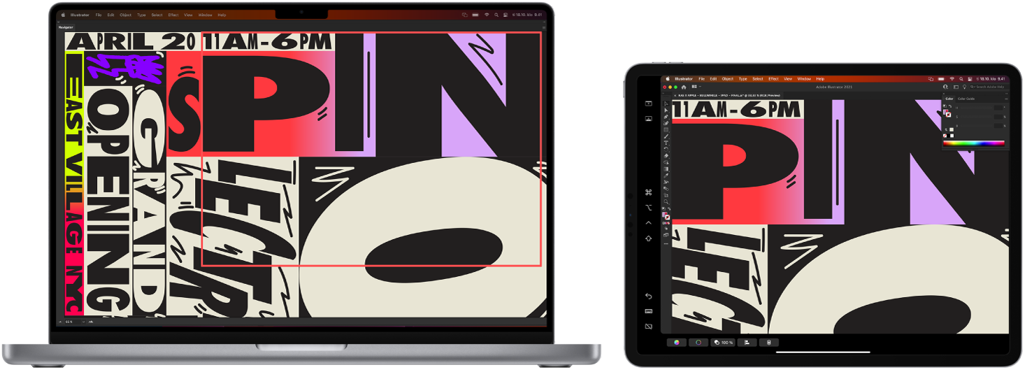 MacBook Pro ja iPad ovat vierekkäin. MacBook Prossa näkyy kuva Illustratorin navigointi-ikkunassa. iPadissa näkyy sama kuva Illustratorin dokumentti-ikkunassa, ja sen ympärillä on työkalupalkkeja.