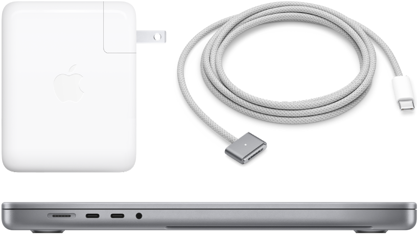 Bočna strana 16-inčnog računala MacBook Pro s pripadajućim dodatnim priborom.
