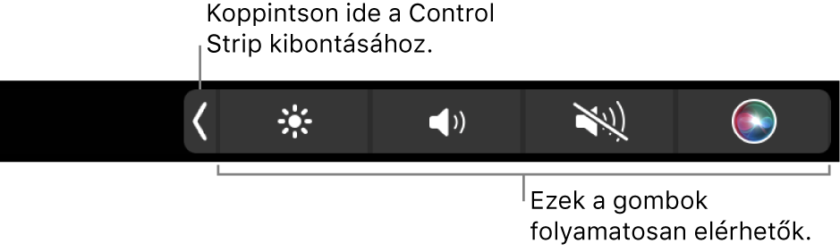 Az alapértelmezett Touch Bar egy részlete, amelyen látható a visszazárt Control Strip a folyamatosan elérhető gombokkal: fényerő, hangerő és némítás. A kibontás gombra koppintva megjelenítheti a teljes Control Stripet.