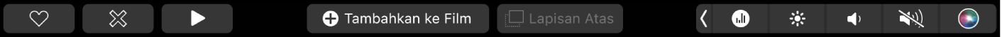 Touch Bar iMovie menampilkan tombol untuk putar, tambah ke film, dan tambah sebagai lapisan.