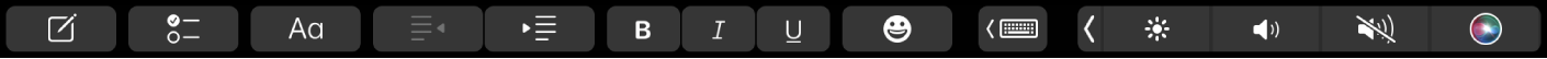 Lietotnes Notes josla Touch Bar ar teksta formatēšanas pogām. Formatēšanas vadīklas ietver līdzinājumu pēc kreisās un labās malas, treknrakstu, slīprakstu un pasvītrojumu. Ir arī poga, kas parāda rakstīšanas ieteikumus.