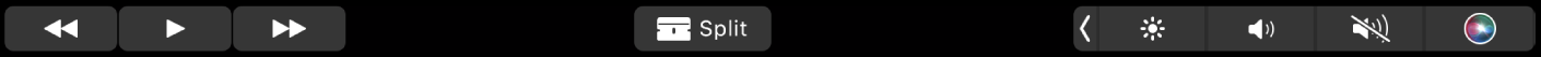 De Touch Bar voor iMovie wanneer er een fragment wordt afgespeeld. Er zijn knoppen voor terugspoelen, afspelen, vooruitspoelen en splitsen en voor het volume.