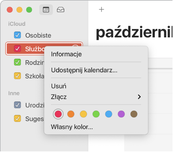 Menu podręczne w Kalendarzu pozwalające na zmianę koloru kalendarza.