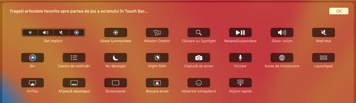 Articolele pe care le puteți personaliza pe Control Strip trăgându‑le în Touch Bar.