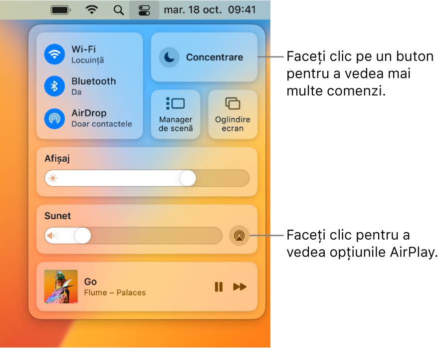Vizualizare mărită a centrului de control de pe Mac cu o explicație pentru butonul Afișaj.