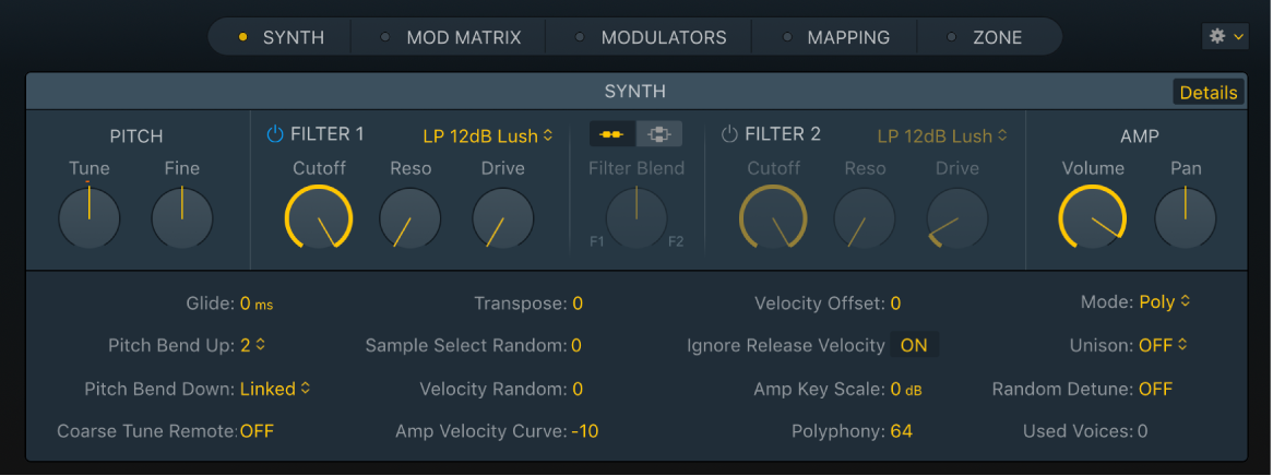 Ilustración, panel Sampler Synth en el que también se muestran los parámetros Details.