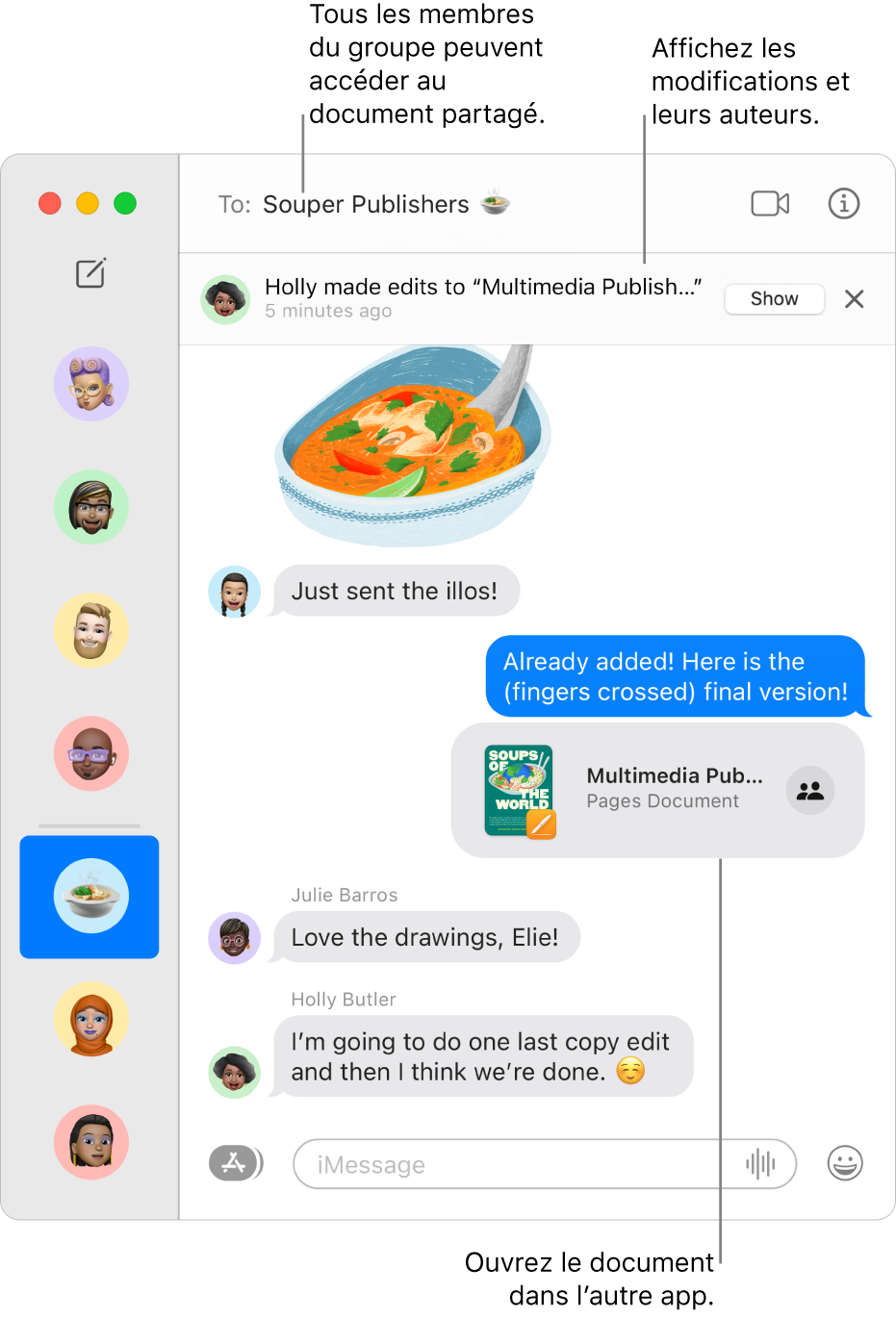 Fenêtre Messages avec une conversation ouverte, ainsi qu’une transcription affichée sur la droite. Quelques éléments sont mis en évidence : un document Pages qui est partagé avec le groupe et peut être ouvert dans Pages à partir de la transcription, le nom du groupe en haut de la fenêtre où tous les participants peuvent accéder au document partagé et une bannière le long du haut de la transcription indiquant qui a apporté des modifications.