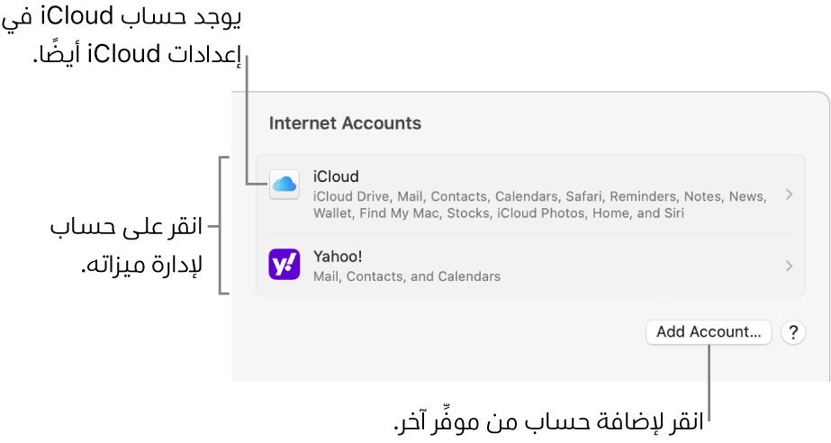 إعدادات حسابات الإنترنت تظهر بها الحسابات التي تم إعدادها على Mac مدرجة.
