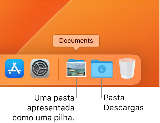 A extremidade direita da Dock a mostrar uma pasta que é apresentada como pilha e a pasta Descargas apresentada como pasta.