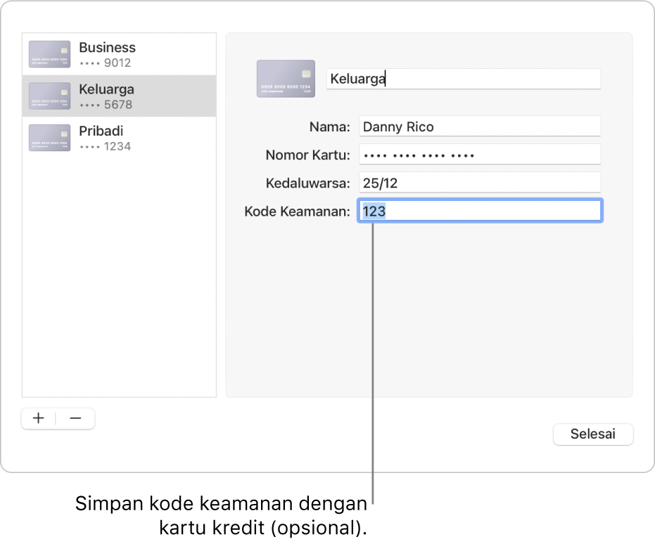 Formulir kartu kredit dengan bidang untuk memasukkan nama, nomor kartu, tanggal kedaluwarsa, dan kode keamanan.
