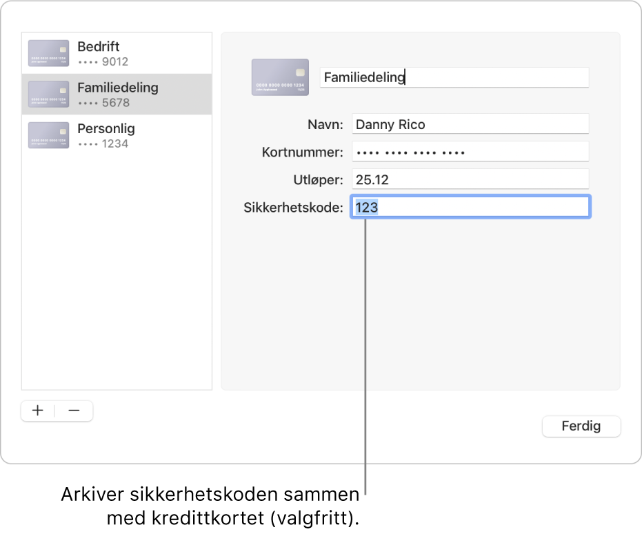 Et kredittkortskjema med felter for navn, kortnummer, utløpsdato og sikkerhetskode.