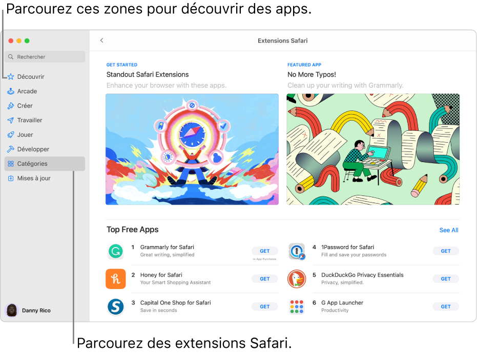 Page principale des extensions Safari du Mac App Store. La barre latérale située à gauche comprend des liens vers d’autres pages : Découvrir, Arcade, Créer, Travailler, Jouer, Développer, Catégories et Mises à jour. À droite se trouvent les extensions Safari disponibles.