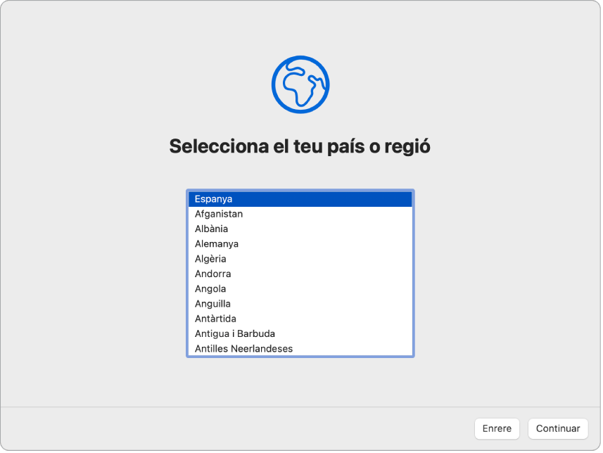 Pantalla de l’Assistent de Configuració que mostra opcions per seleccionar el país o regió d’un usuari.