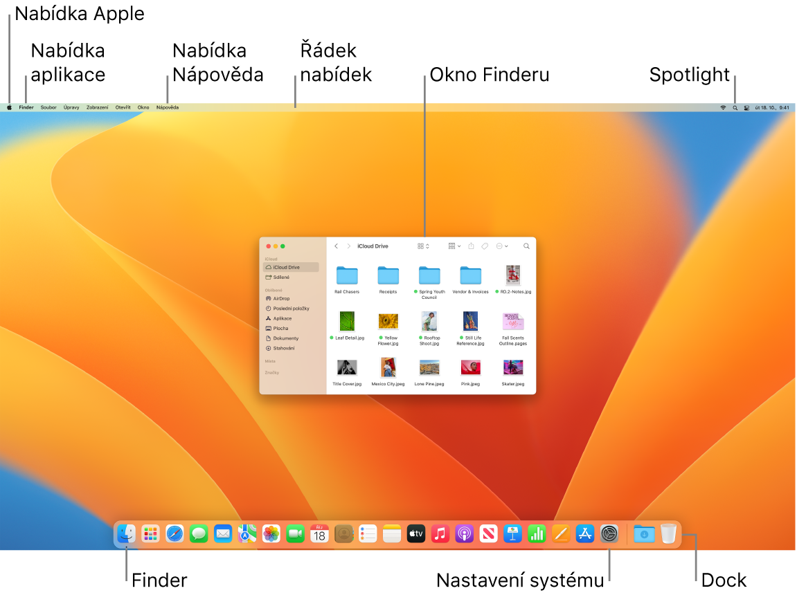 Obrazovka Macu s nabídkou Apple, nabídkou Aplikace a nabídkou Nápověda, řádkem nabídek, oknem Finderu, ikonami Spotlightu, Finderu a Nastavení systému a s Dockem