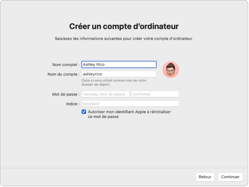 Un écran de lʼAssistant réglages indiquant « Créer un compte dʼordinateur »