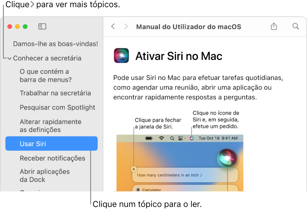 O Visualizador da Ajuda com uma indicação a descrever como visualizar tópicos na barra lateral e outra chamada a descrever como apresentar o conteúdo de um tópico.