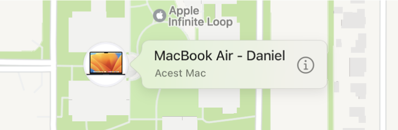 Un detaliu al pictogramei Informații pentru MacBook Air‑ul lui Daniel.