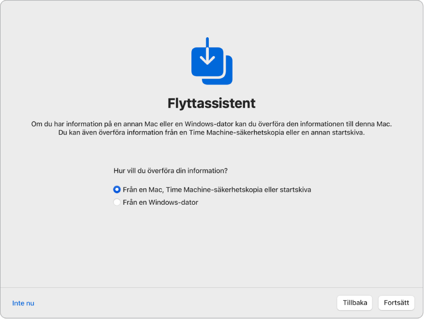 En skärm från inställningsassistenten som säger Flyttassistent. En kryssruta för att överföra information från en Mac är markerad.