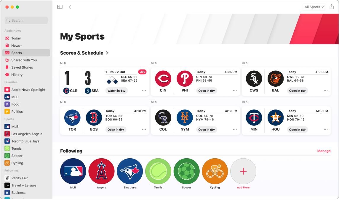 News penceresi takip ettiğiniz liglerin, takımların ve sporların yanı sıra Programlar’ı ve Puanlar’ı içeren Sporlarım’ı gösteriyor.
