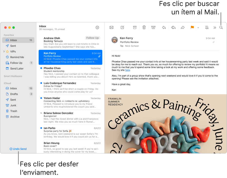Una finestra del Mail amb la barra lateral a l’esquerra. El botó “Desfer l’enviament” és a la part inferior de la barra lateral.
