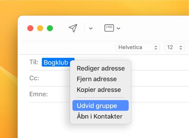 En e-mail, der viser en liste i feltet Til og lokalmenuen med kommandoen Udvid gruppe.