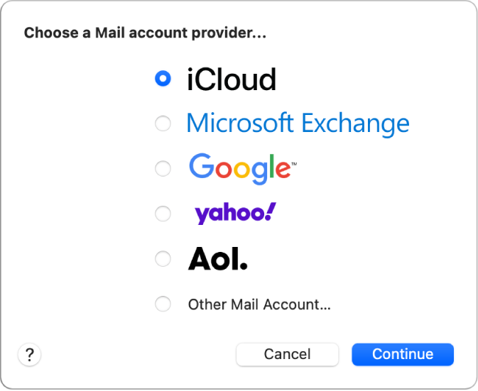Den dialog, hvor du vælger en e-mailkontotype, med iCloud, Microsoft Exchange, Google, Yahoo, AOL og Anden Mail-konto.