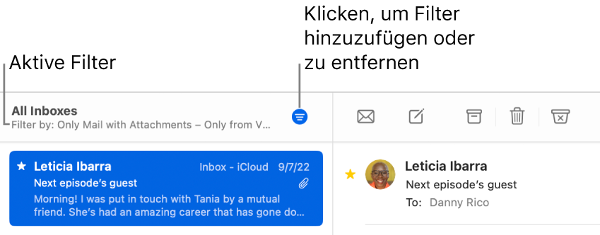 Das Fenster von Mail mit der Symbolleiste über der E-Mail-Liste, in der Mail die angewendeten Filter wie zum Beispiel „Nur von VIP“ anzeigt.