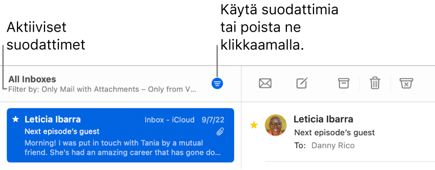 Mail-ikkunassa näkyy viestiluettelon yläpuolella työkalupalkki, jossa Mail näyttää käytössä olevat suodattimet, kuten ”Vain VIP-lähettäjiltä”.
