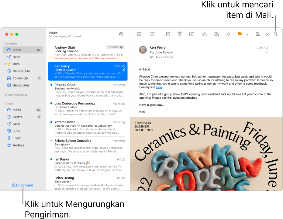 Jendela Mail menampilkan bar samping di sebelah kiri. Tombol Urung Kirim ada di bagian bawah bar samping.