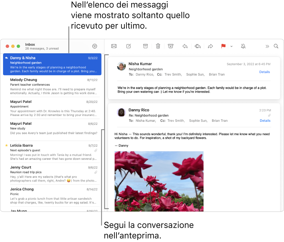 Viene visualizzato solo il messaggio più recente di una conversazione nella lista dei messaggi. Un numero nel messaggio superiore indica quanti messaggi della conversazione sono presenti nella casella attuale. Segui la conversazione nell'area di anteprima.