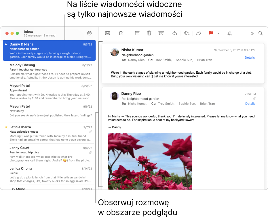 Na liście wiadomości wyświetlana jest tylko najnowsza wiadomość z rozmowy. Liczba wyświetlana w najwyższej wiadomości wskazuje ilość wiadomości zawartych w tej rozmowie w bieżącej skrzynce pocztowej. Możesz czytać rozmowę w obszarze podglądu.